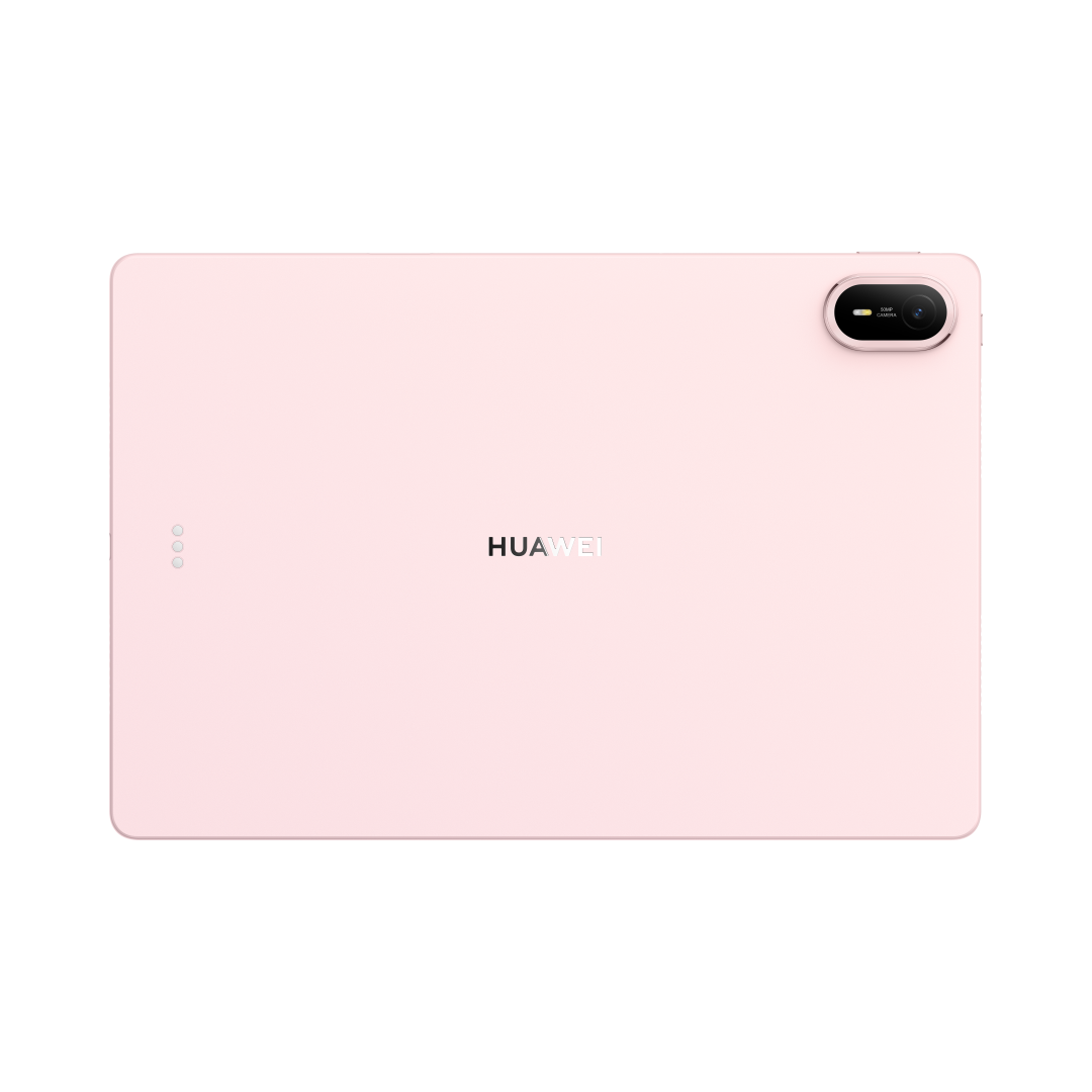 Tył różowego tabletu Huawei z wyśrodkowanym logo i modułem aparatu w prawym górnym rogu, na czarnym tle.