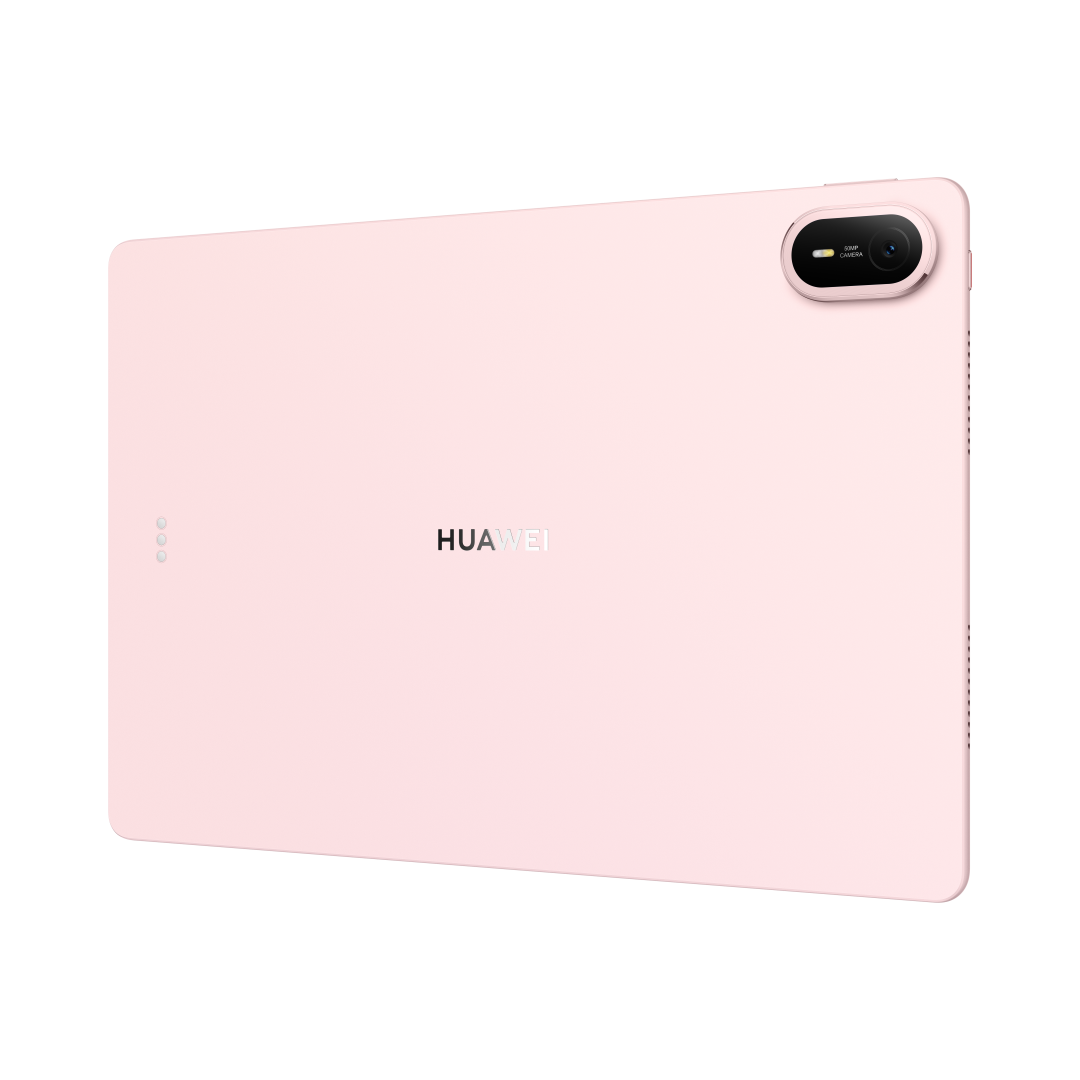 Tył różowego tabletu Huawei z aparatem w prawym górnym rogu na czarnym tle.