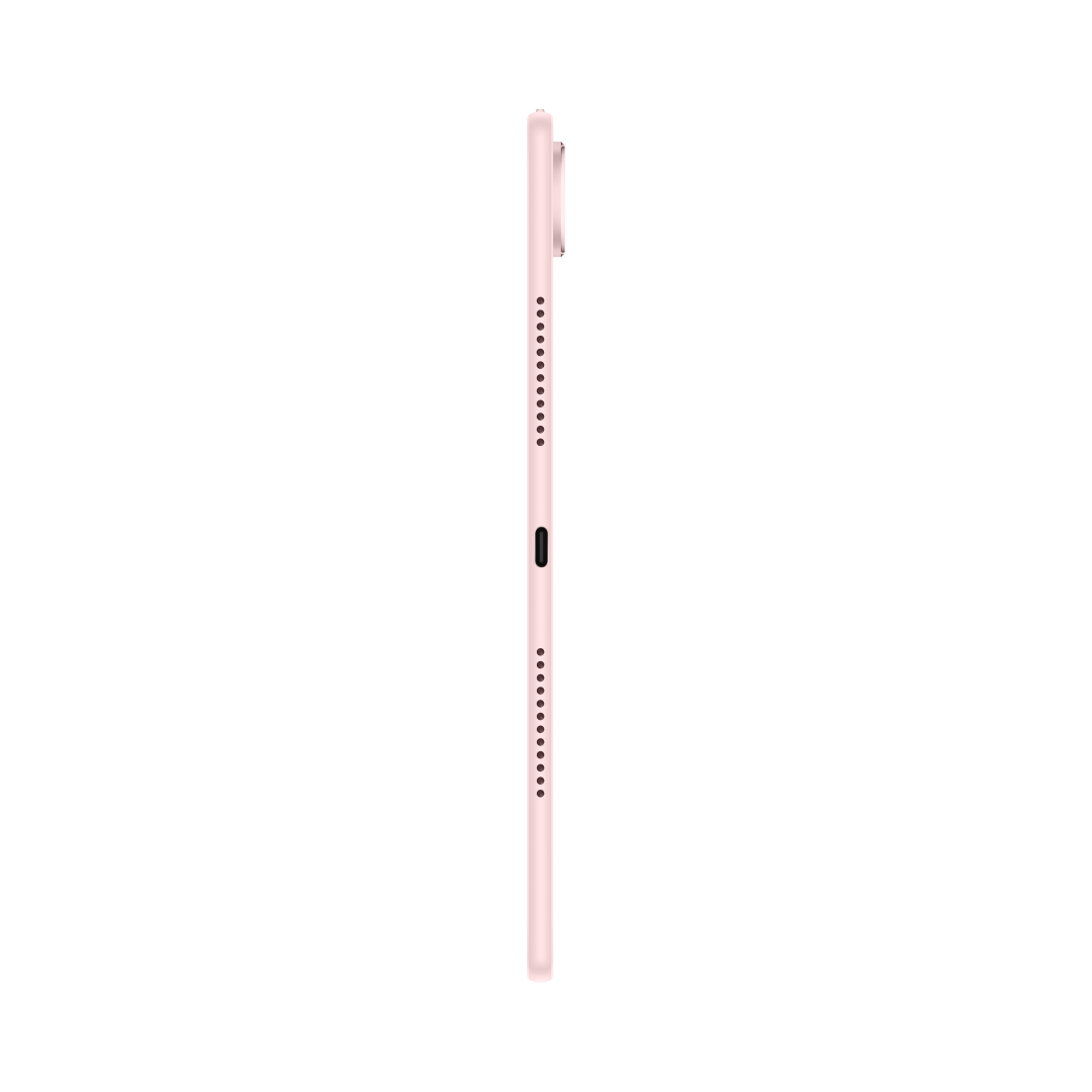 Widok z boku różowego tabletu z głośnikami i portem USB-C na czarnym tle.