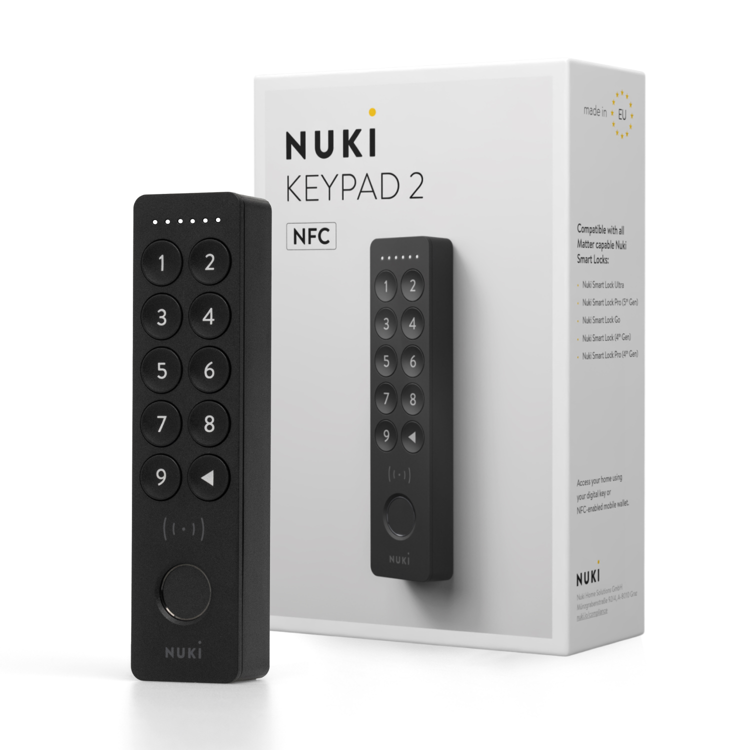 Nuki Keypad 2 con NFC accanto alla sua scatola di imballaggio bianca.