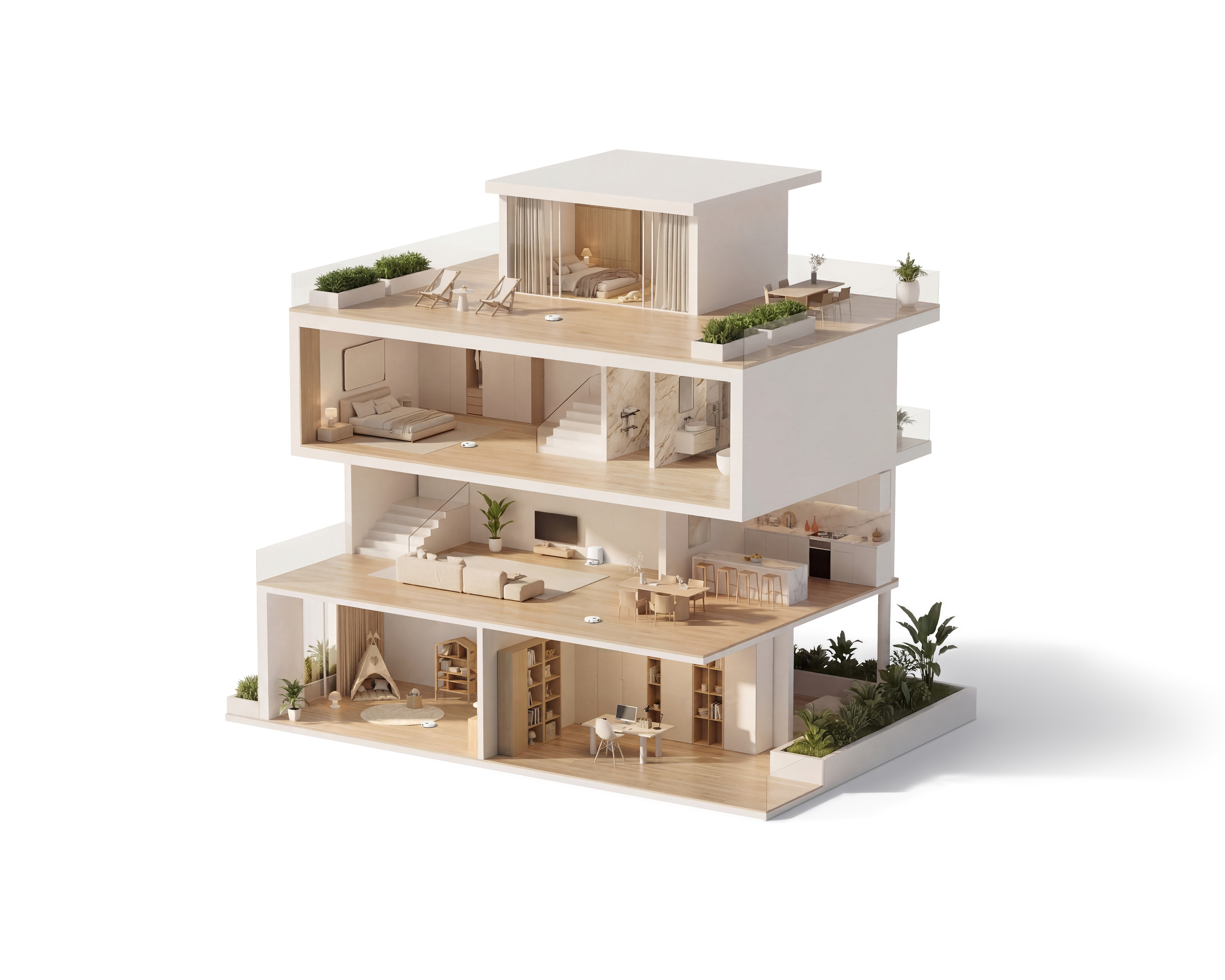 Moderne, vierstöckige Architekturmodell mit detaillierter Inneneinrichtung, Zimmern und begrünter Dachterrasse.