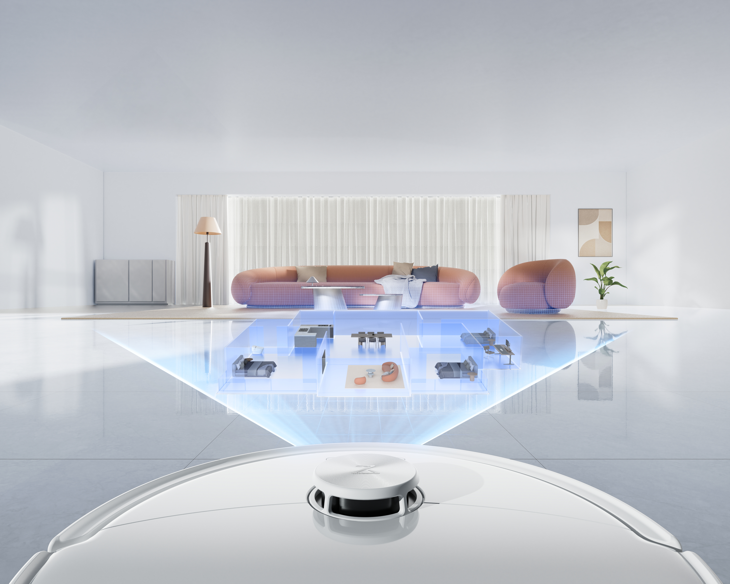 Ein Roboterstaubsauger projiziert eine blaue 3D-Karte des Hauses in ein modernes, helles Wohnzimmer.