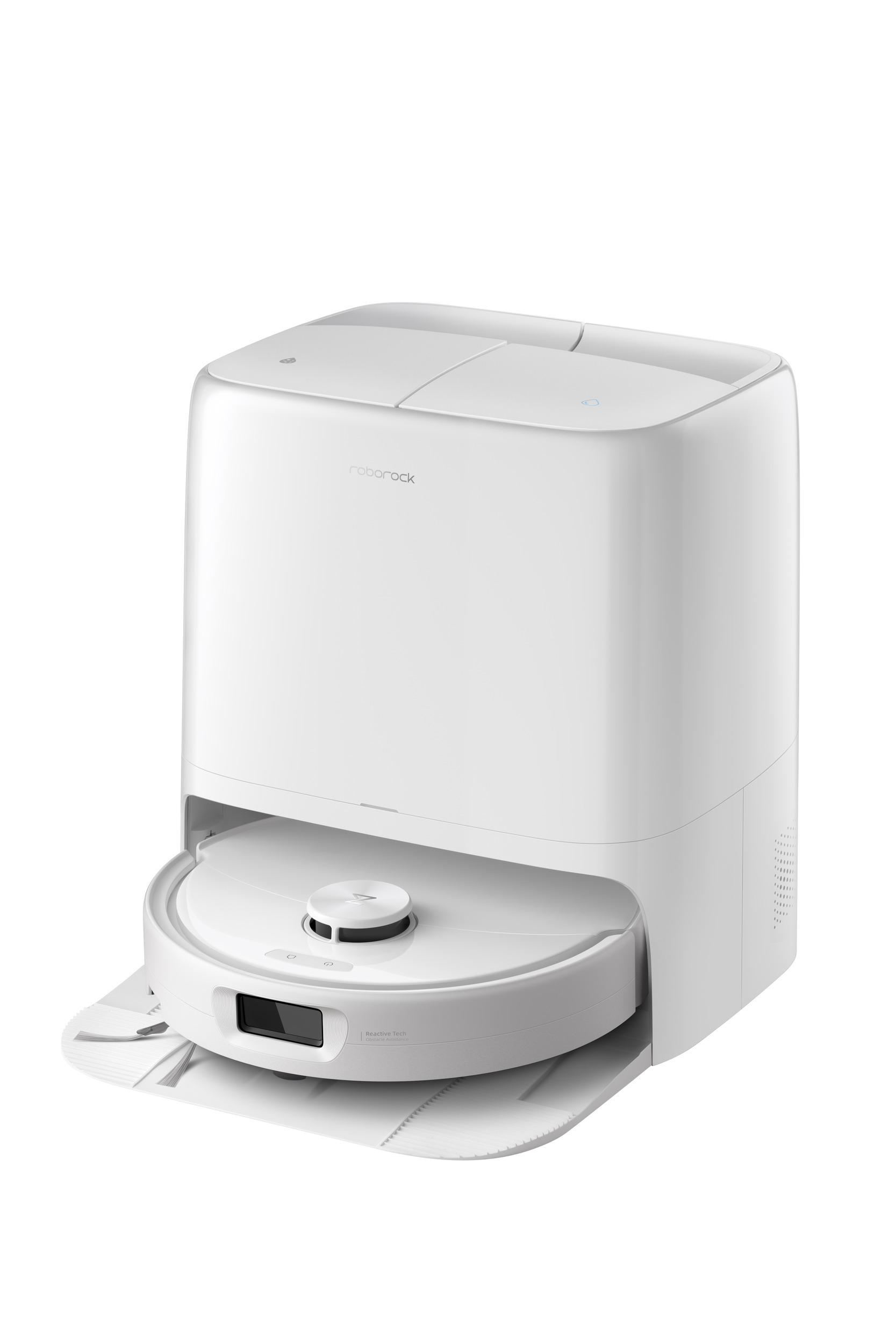 Ein weißer Roborock Saug- und Wischroboter steht auf seiner Lade- und Reinigungsstation auf weißem Hintergrund.