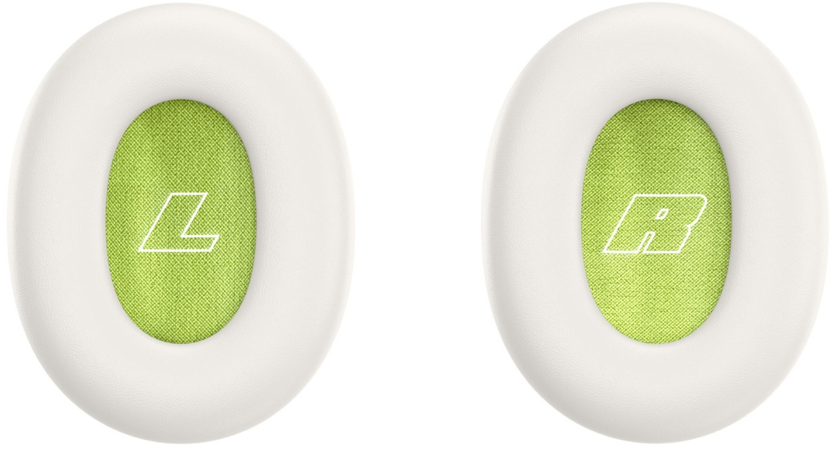 Fehér fülhallgató párnák lime zöld szövettel és fehér L és R betűkkel.