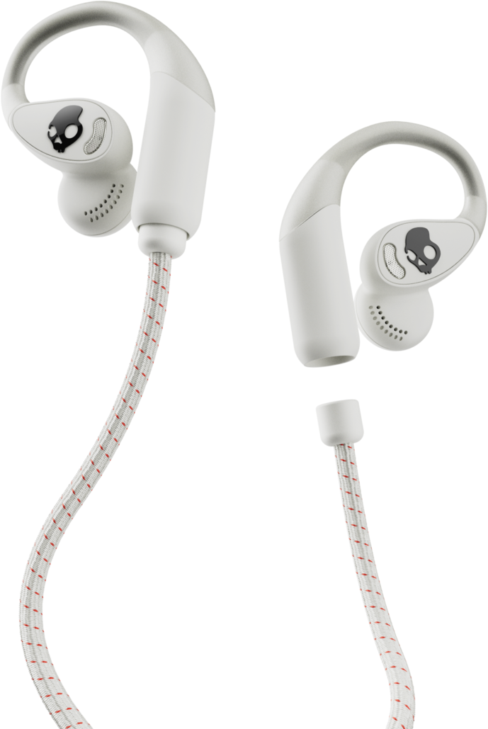 Fehér Skullcandy fülhallgató fülkampókkal és piros-fehér mintás kábellel fekete háttér előtt.