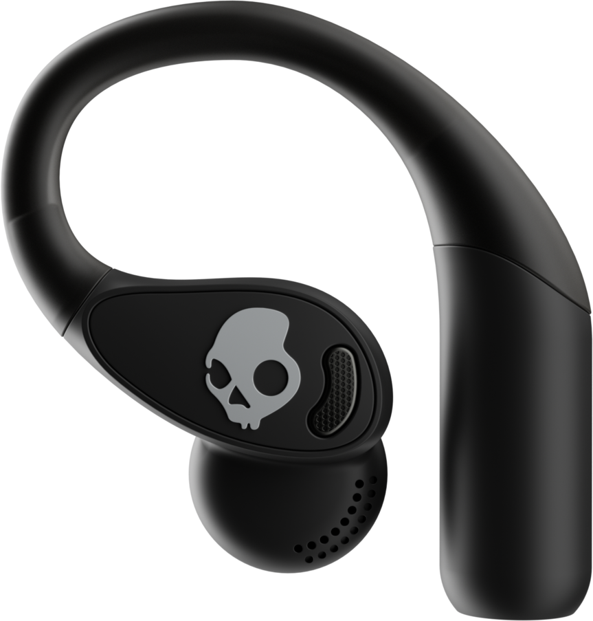 Fekete Skullcandy fülhallgató ívelt fülkampóval, szürke koponya logóval és füldugóval fekete háttér előtt.