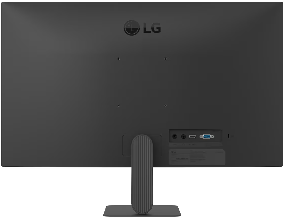 Fekete színű LG monitor hátulja állvánnyal és csatlakozókkal.