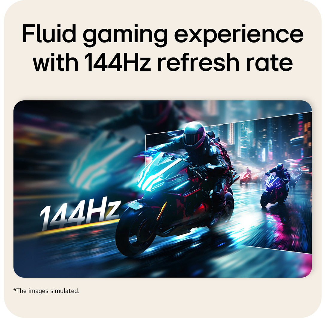 Motorosok versenyeznek egy neonfényes városban éjszaka, a 144Hz felirattal kísérve.