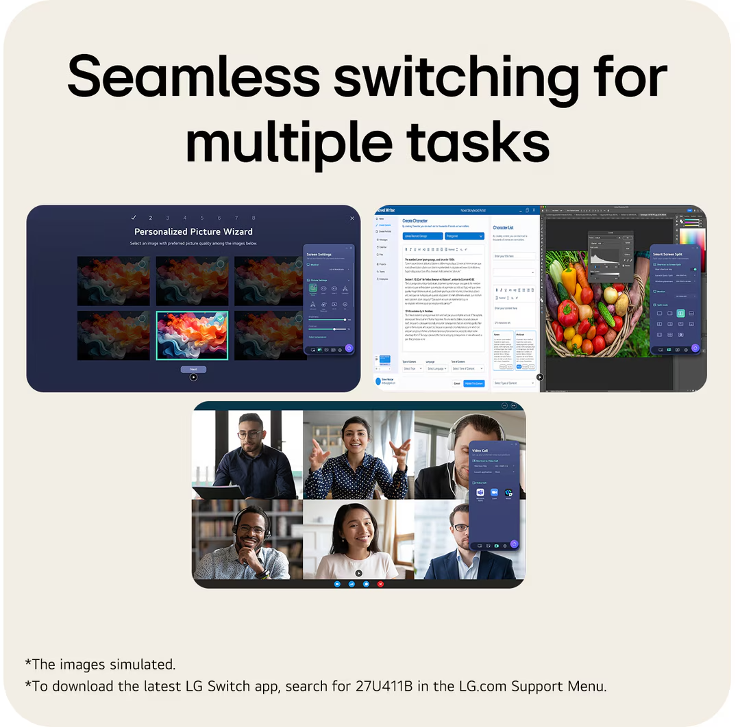 Különböző képernyők mutatnak multitasking funkciókat beállításokkal, alkalmazásokkal és videokonferenciával.