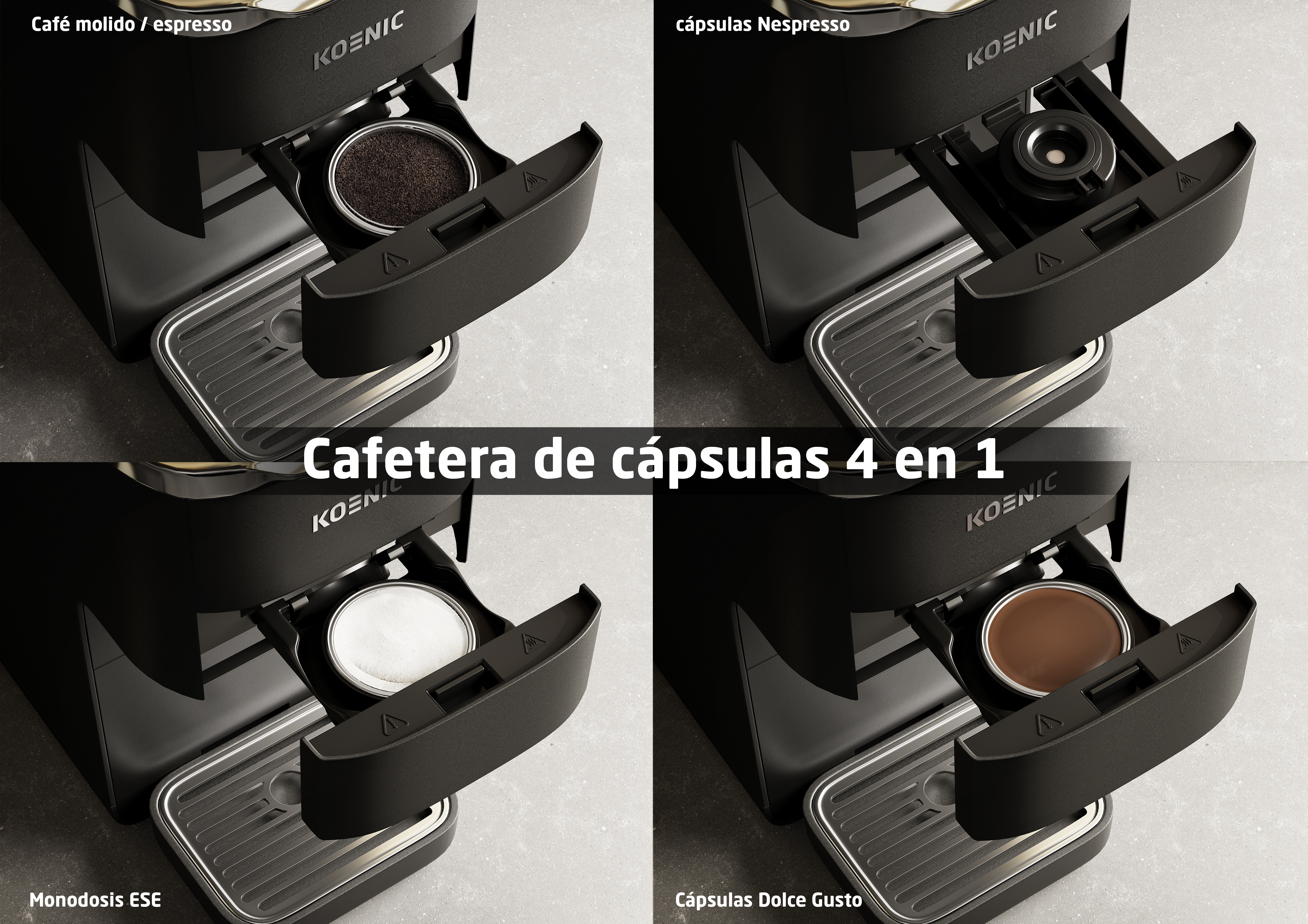 Cuatro imágenes de una cafetera negra 4 en 1 para café molido, Nespresso, monodosis ESE y cápsulas Dolce Gusto.