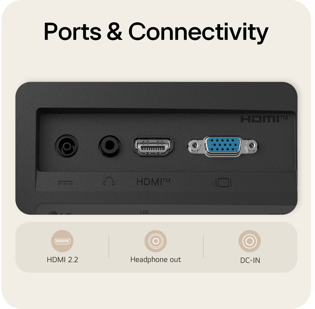 Elektronikus eszköz hátoldali csatlakozói: DC bemenet, fejhallgató, HDMI és VGA portok.