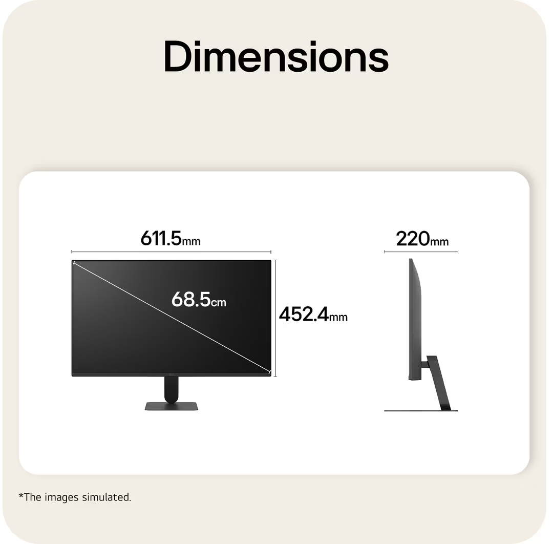 Diagram a fekete monitor méreteivel: szélesség 611,5 mm, magasság 452,4 mm, mélység 220 mm és képátló 68,5 cm.