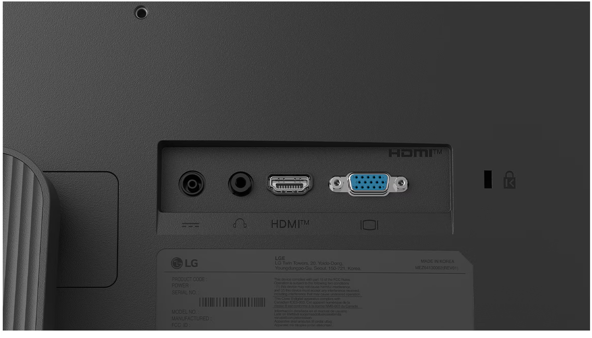 Monitor hátlapja táp-, audio-, HDMI- és VGA-portokkal, valamint a gyártói címkével.