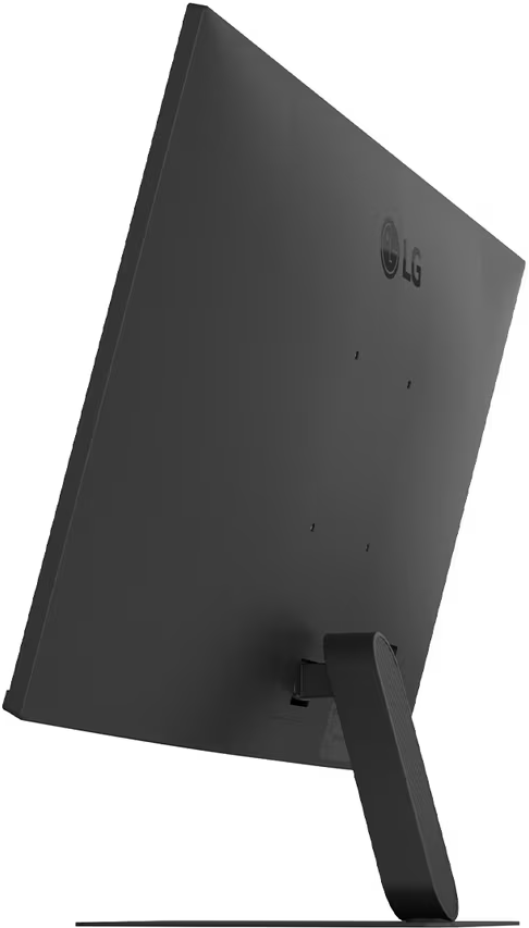 Egy fekete LG monitor hátoldala állvánnyal fehér háttér előtt.