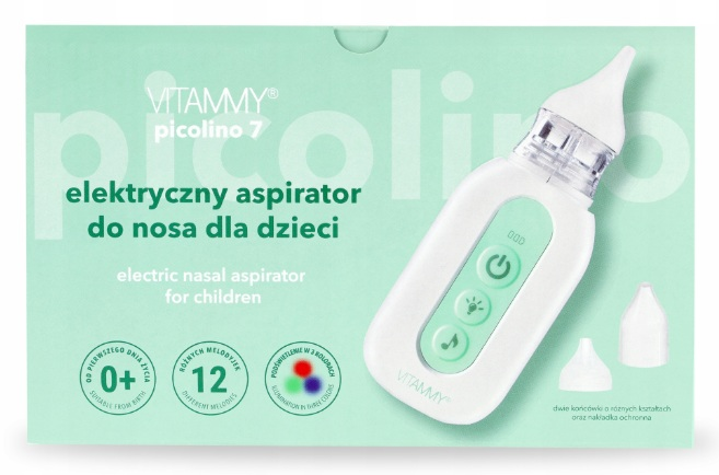 Opakowanie białego elektrycznego aspiratora do nosa dla dzieci w jasnozielonym kolorze z akcesoriami.