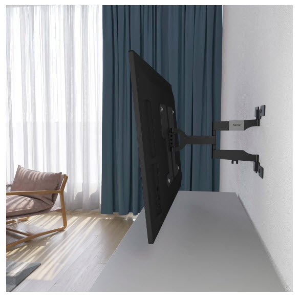 Ein schwarzer Flachbildfernseher ist mit einer Wandhalterung an einer weißen Wand befestigt.