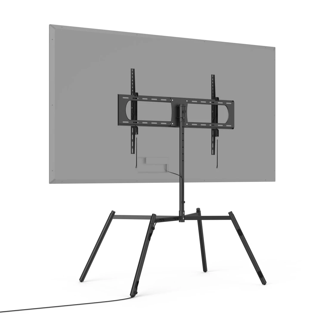 Rückseite eines großen Flachbildfernsehers auf einem schwarzen Stativfuß vor weißem Hintergrund.