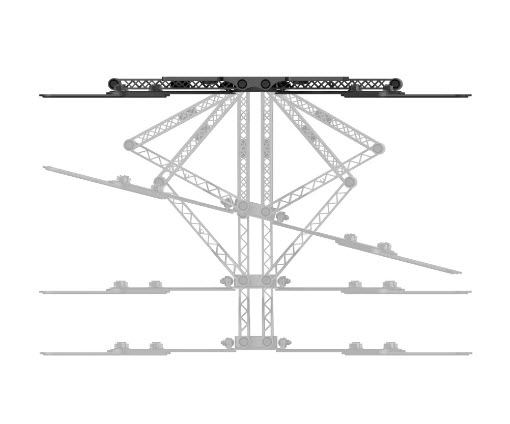 Diagramm einer Deckenhalterung mit Scherenarm-Mechanismus in verschiedenen Positionen.
