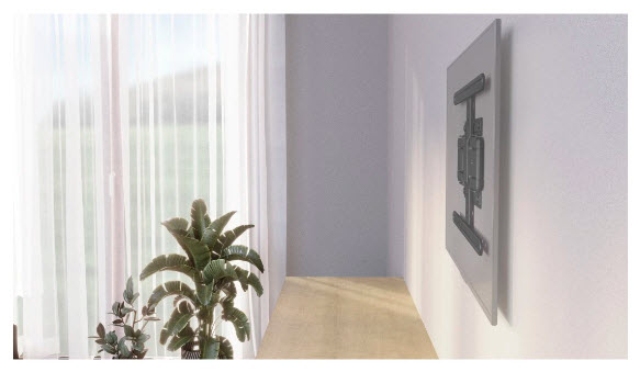 Wandhalterung an weißer Wand neben Fenster mit Vorhang und Zimmerpflanzen.