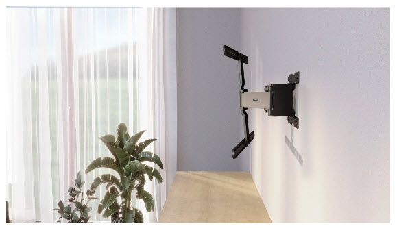 Eine schwarze TV-Wandhalterung ist in einem Raum mit Fenster und Pflanze montiert.