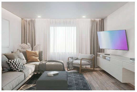 Gemütliches modernes Wohnzimmer mit großem Sofa, TV an der Wand und hellem Holzfußboden.