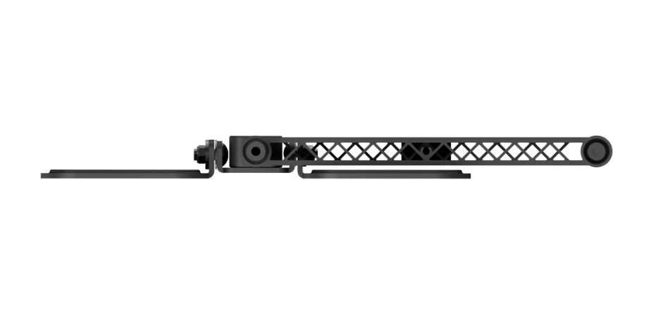 Eine schwarze, metallene TV-Wandhalterung mit einem langen, kreuzweise verstrebten Arm in der Ansicht.