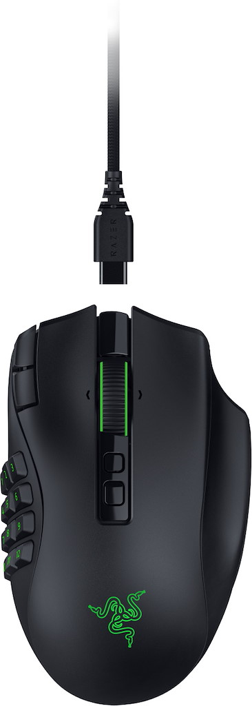 Mouse da gioco Razer nero con logo verde, rotella di scorrimento e cavo USB-C.
