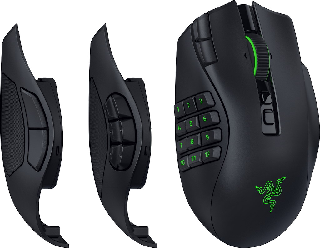 Mouse da gioco nero con logo verde luminoso, rotellina e due pannelli laterali intercambiabili.