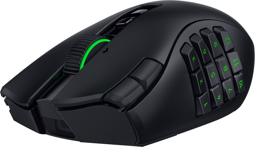 Mouse da gioco nero con rotellina verde luminosa e una griglia laterale di dodici pulsanti numerati.