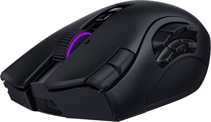 Un mouse da gioco nero con diversi pulsanti laterali e una rotella viola.