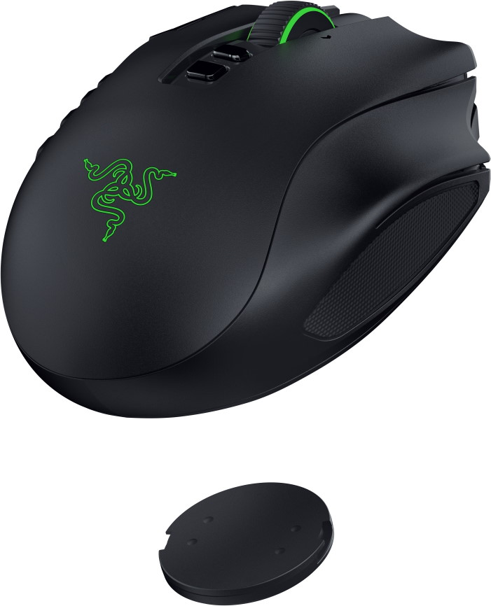 Mouse da gioco wireless nero con logo Razer verde e coperchio rimovibile su sfondo bianco.