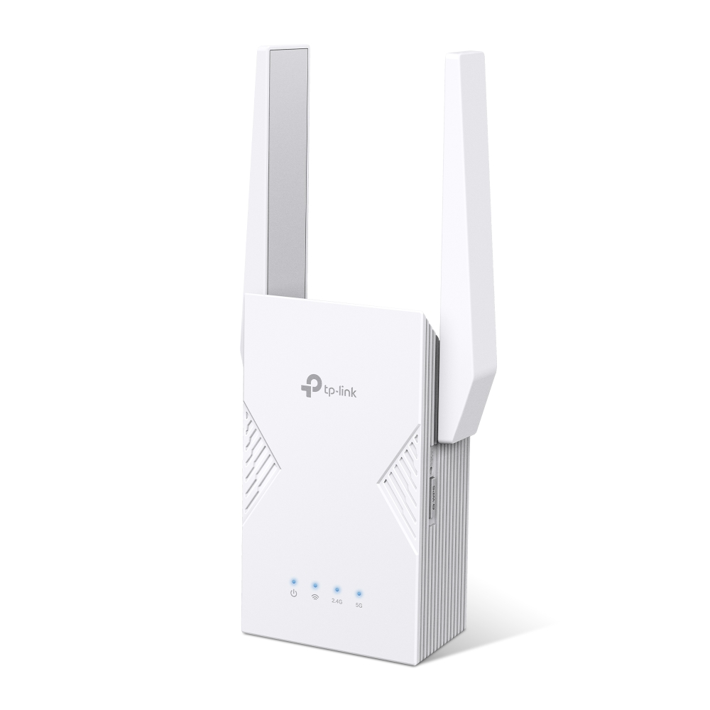 İki dik antene ve dört küçük mavi gösterge ışığına sahip beyaz bir TP-Link Wi-Fi menzil genişletici.