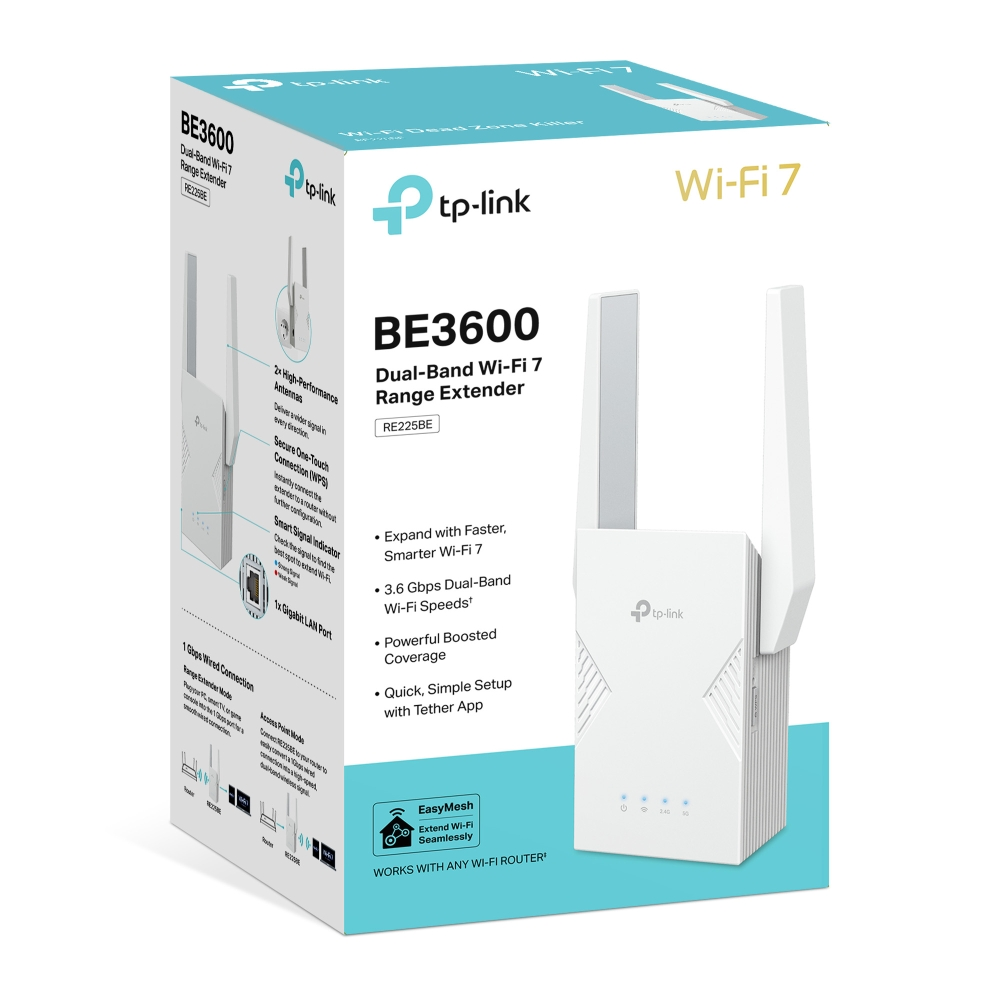 Beyaz cihazın yer aldığı TP-Link BE3600 Wi-Fi 7 Range Extender ürün kutusu.