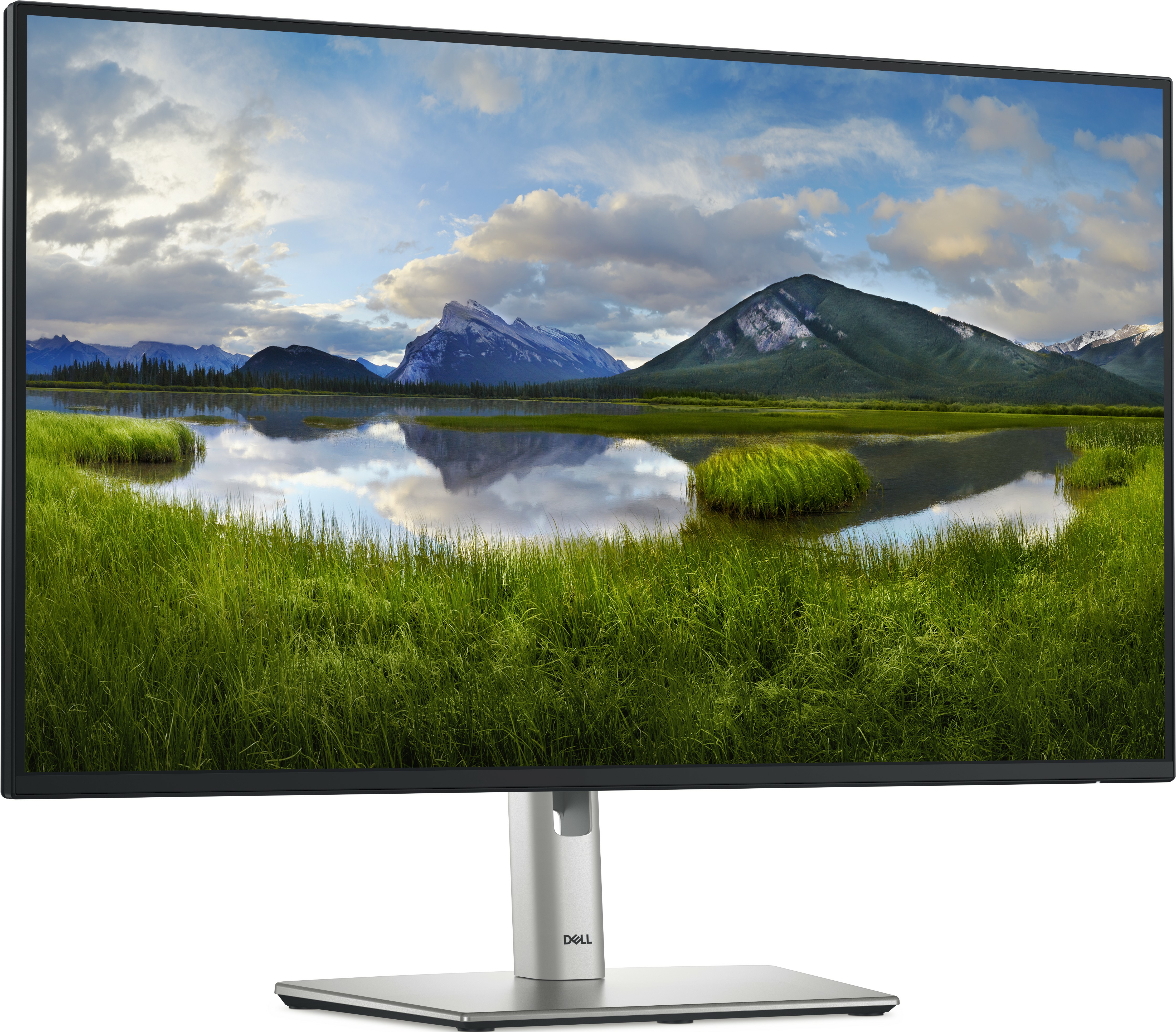 Dell-Monitor mit gebogenem Bildschirm zeigt eine Landschaft mit Bergen, See und Wolken.
