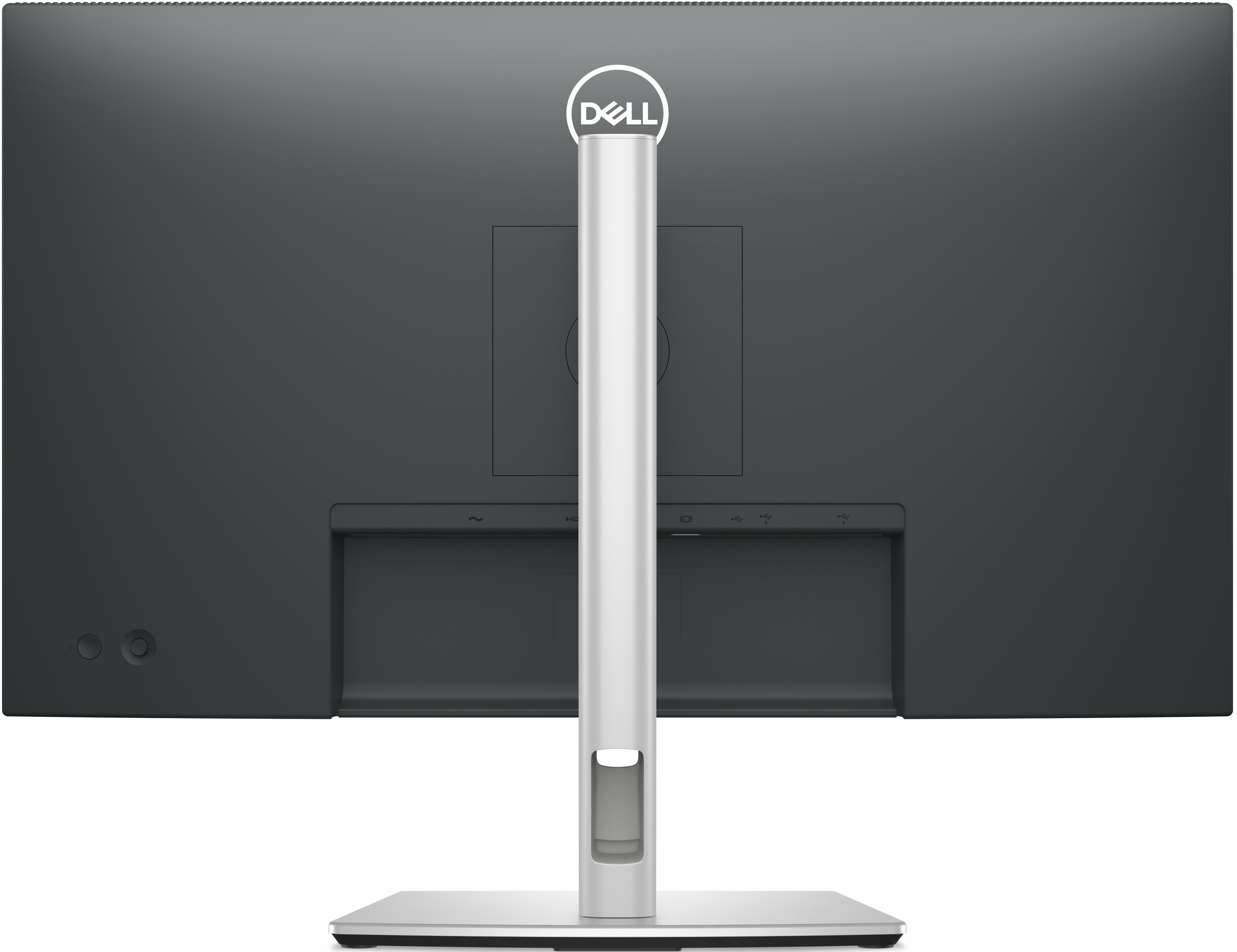 Rückansicht eines Dell-Monitors mit silbernem Standfuß, Anschlüssen und Dell-Logo.