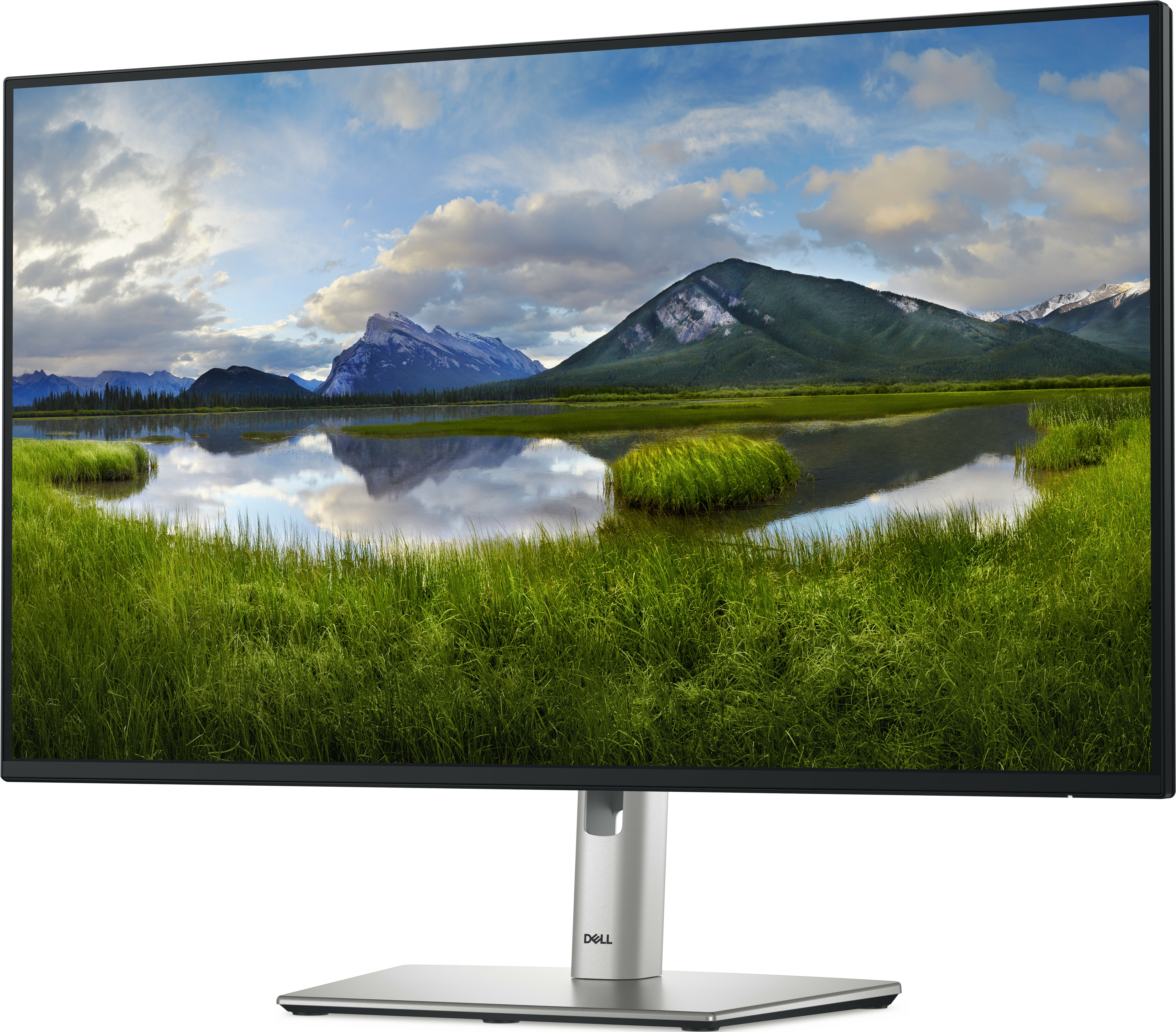 Ein moderner Monitor zeigt eine Landschaft mit Bergen, Fluss und bewölktem Himmel.