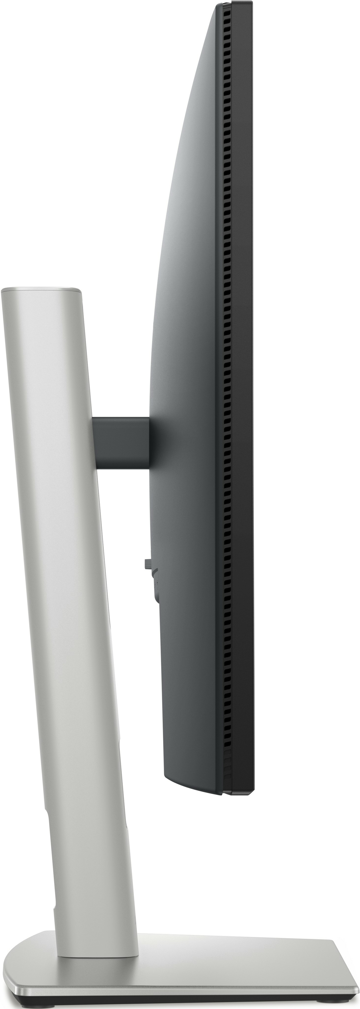 Seitenansicht eines schwarzen Computermonitors auf einem silbernen Standfuß mit Lüftungsschlitzen.
