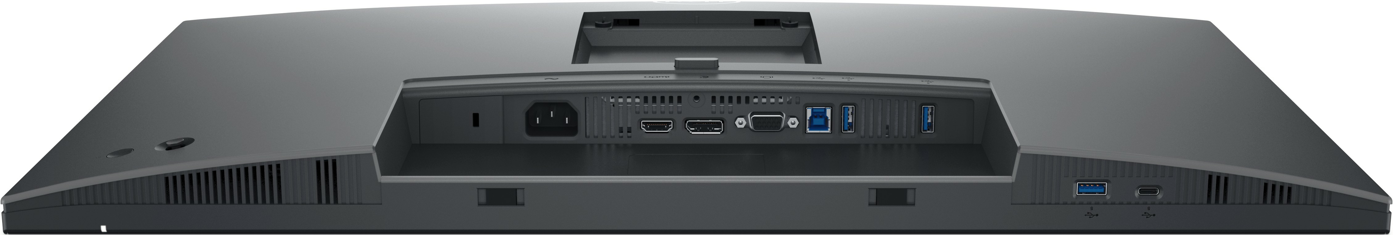 Rückseite eines schwarzen Monitors mit verschiedenen Anschlüssen wie HDMI, USB und Strom.