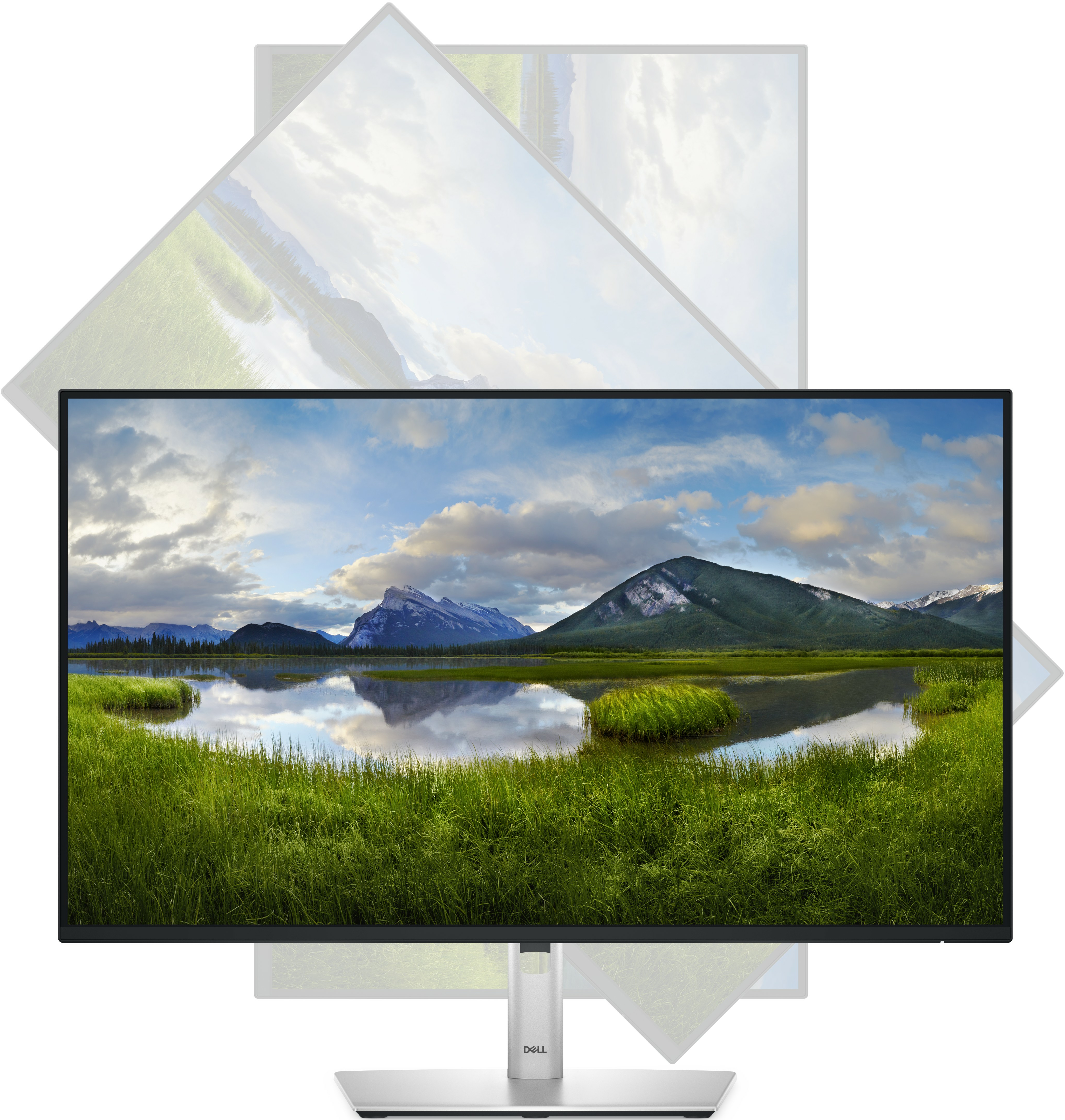 Ein Dell-Monitor zeigt eine Berg- und Seenlandschaft und demonstriert die Neigbarkeit.