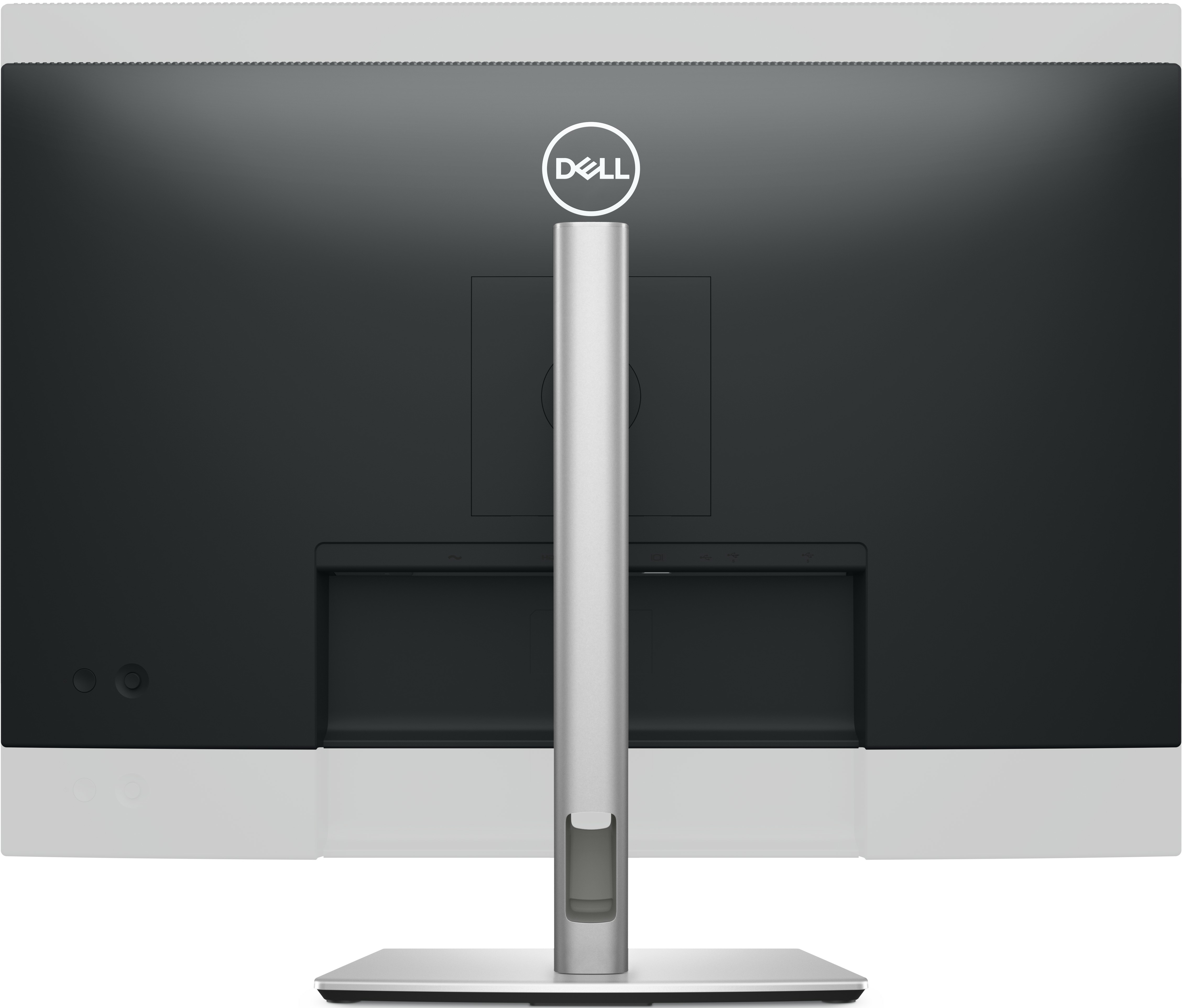 Rückseite eines Dell-Monitors in Schwarz und Silber mit mittig platziertem Ständer und integrierter Kabelführung.