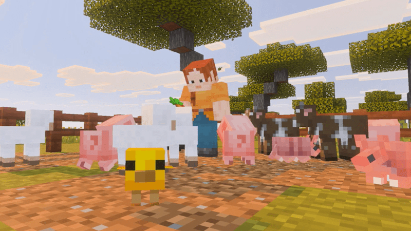 Minecraft-Spieler füttert Tiere wie Schafe, Schweine und Kühe in einer blockartigen Landschaft mit Bäumen.