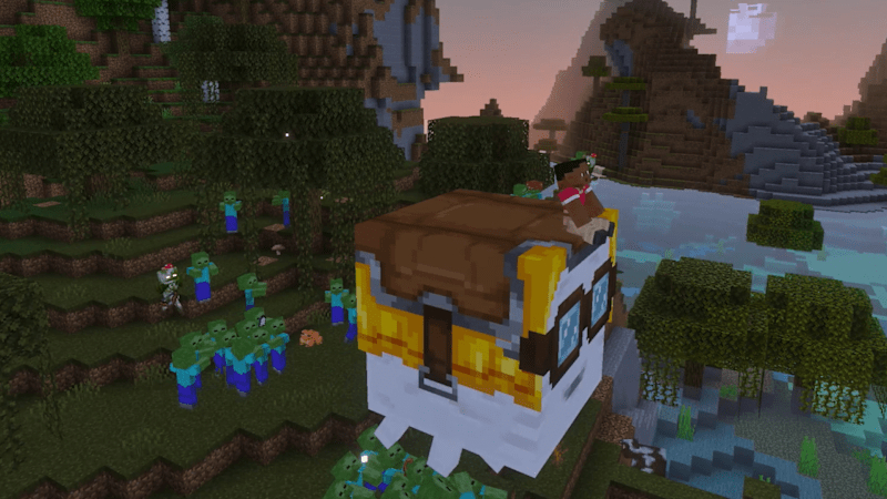 Minecraft-Spieler reitet einen fliegenden weißen Würfel über einer Landschaft mit Zombies und Gewässern bei Dämmerung.