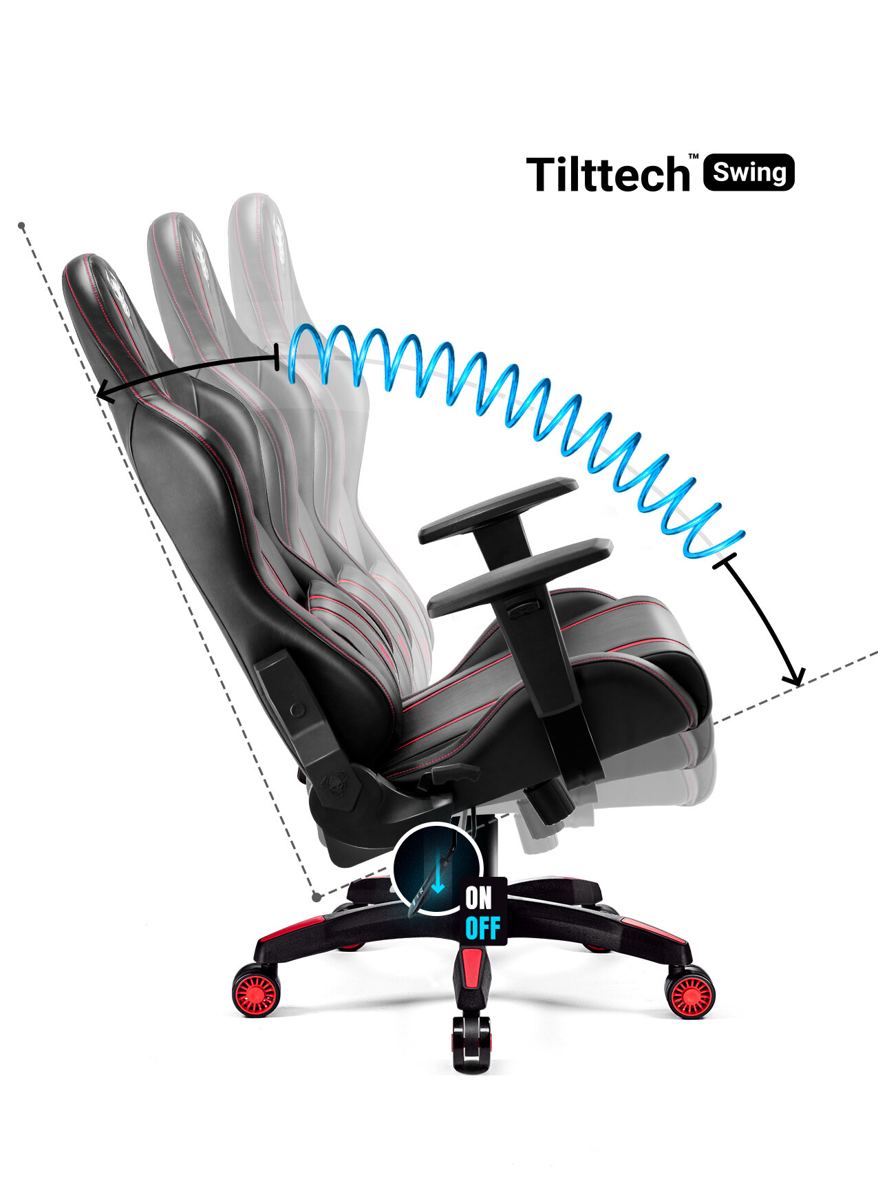 Czarny fotel gamingowy prezentujący funkcję Tilttech Swing z niebieską grafiką sprężyny.