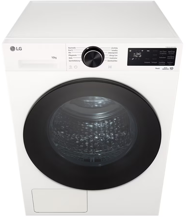 Eine weiße LG Frontlader-Waschmaschine mit schwarzem Drehregler, Glastür und Digitalanzeige.