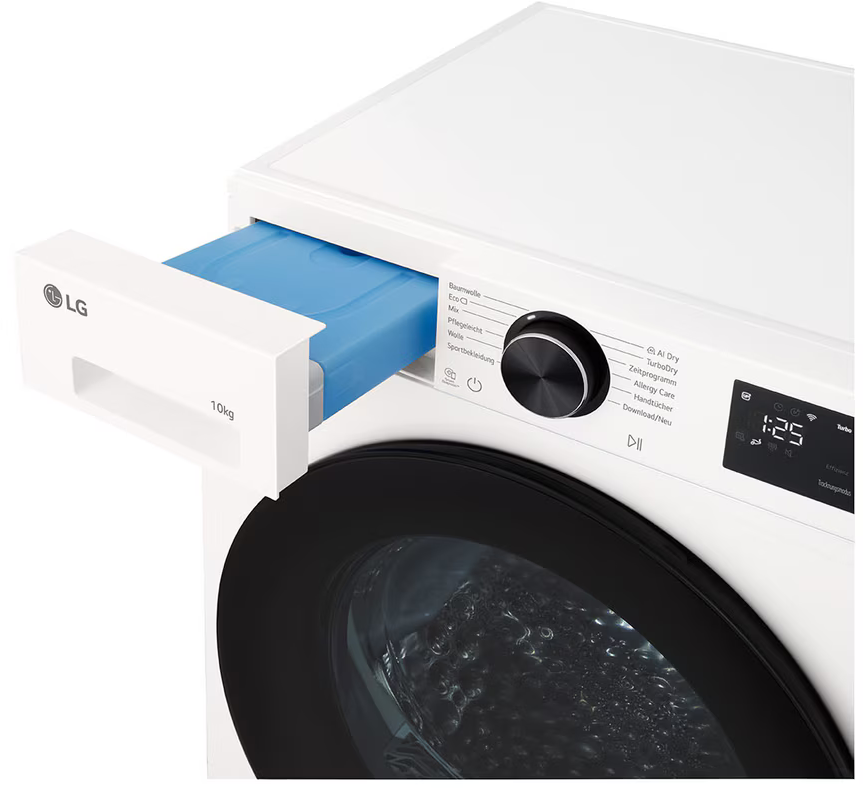 Weiße LG-Waschmaschine mit herausgezogenem blauen Waschmittelfach, schwarzem Drehknopf und digitalem Display.