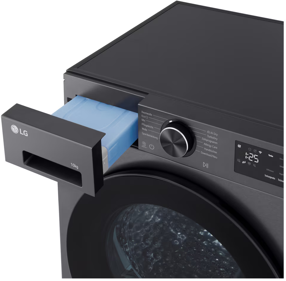 Eine dunkelgraue LG Waschmaschine mit geöffnetem Waschmitteleinsatz und Digitaldisplay.