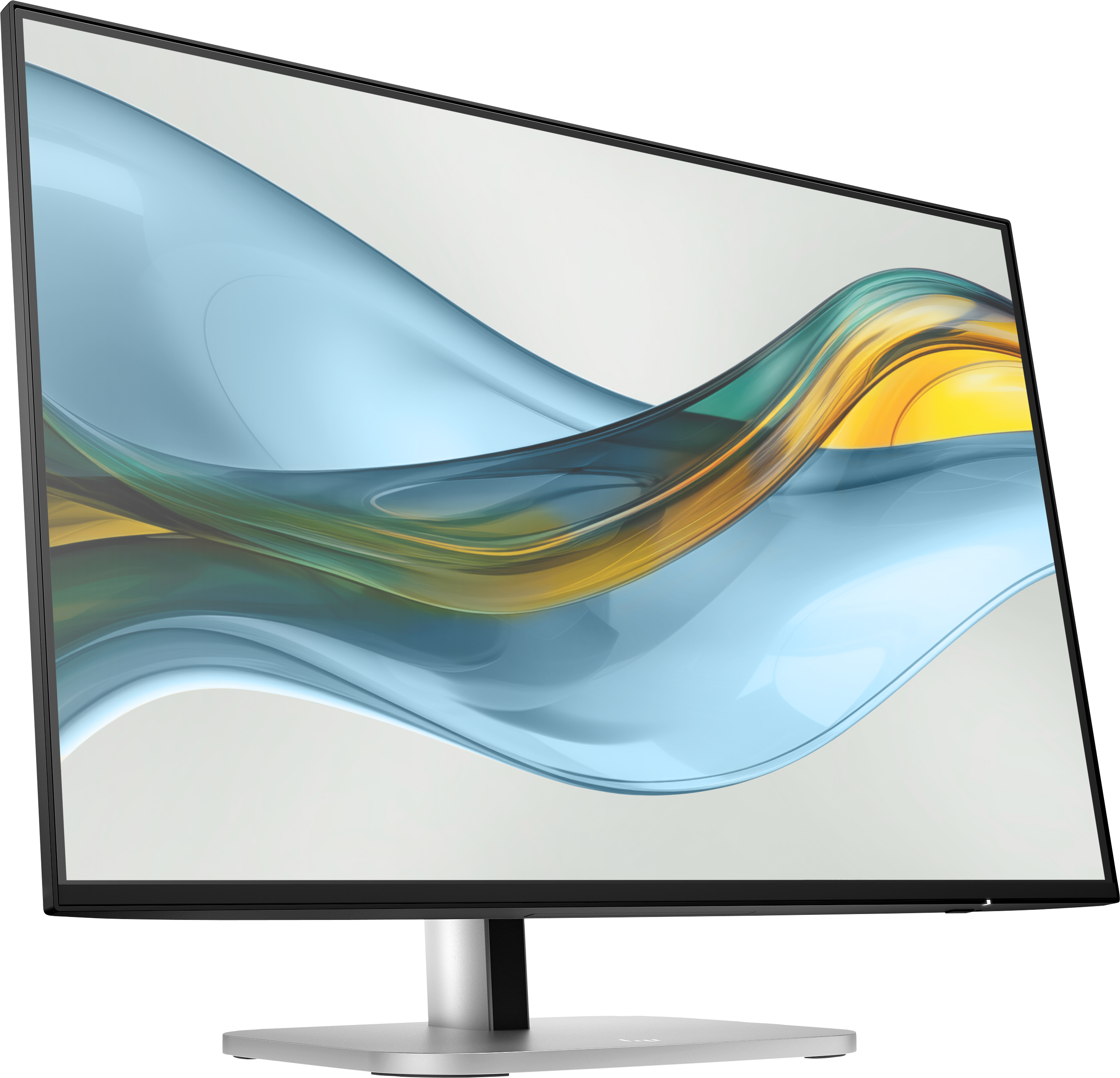 Ein moderner Monitor mit dünnem Rahmen und einem abstrakten blau-gelben Wellenmuster auf dem Bildschirm.