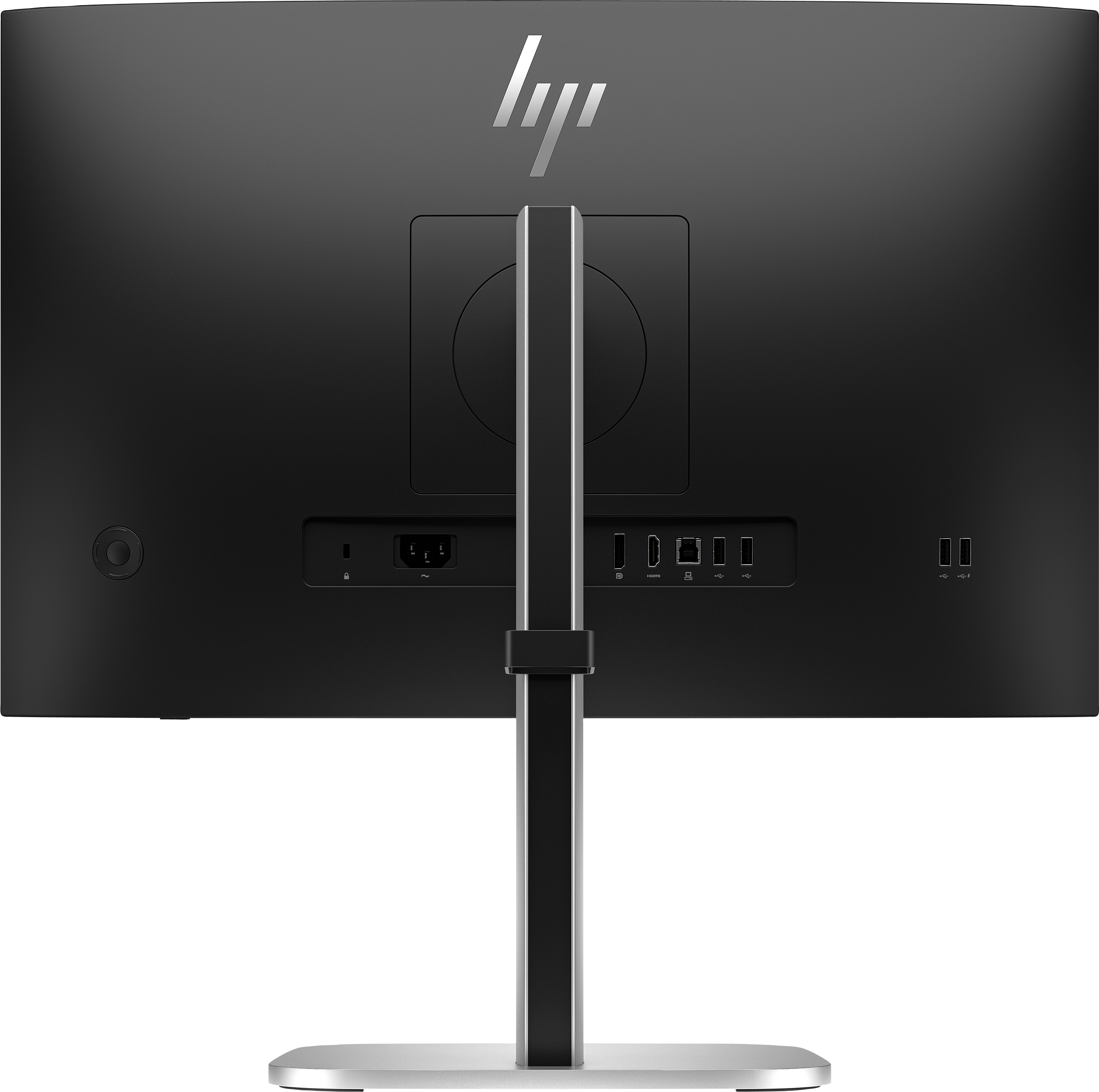 Rückseite eines HP-Monitors mit silbernem Standfuß und verschiedenen Anschlüssen.