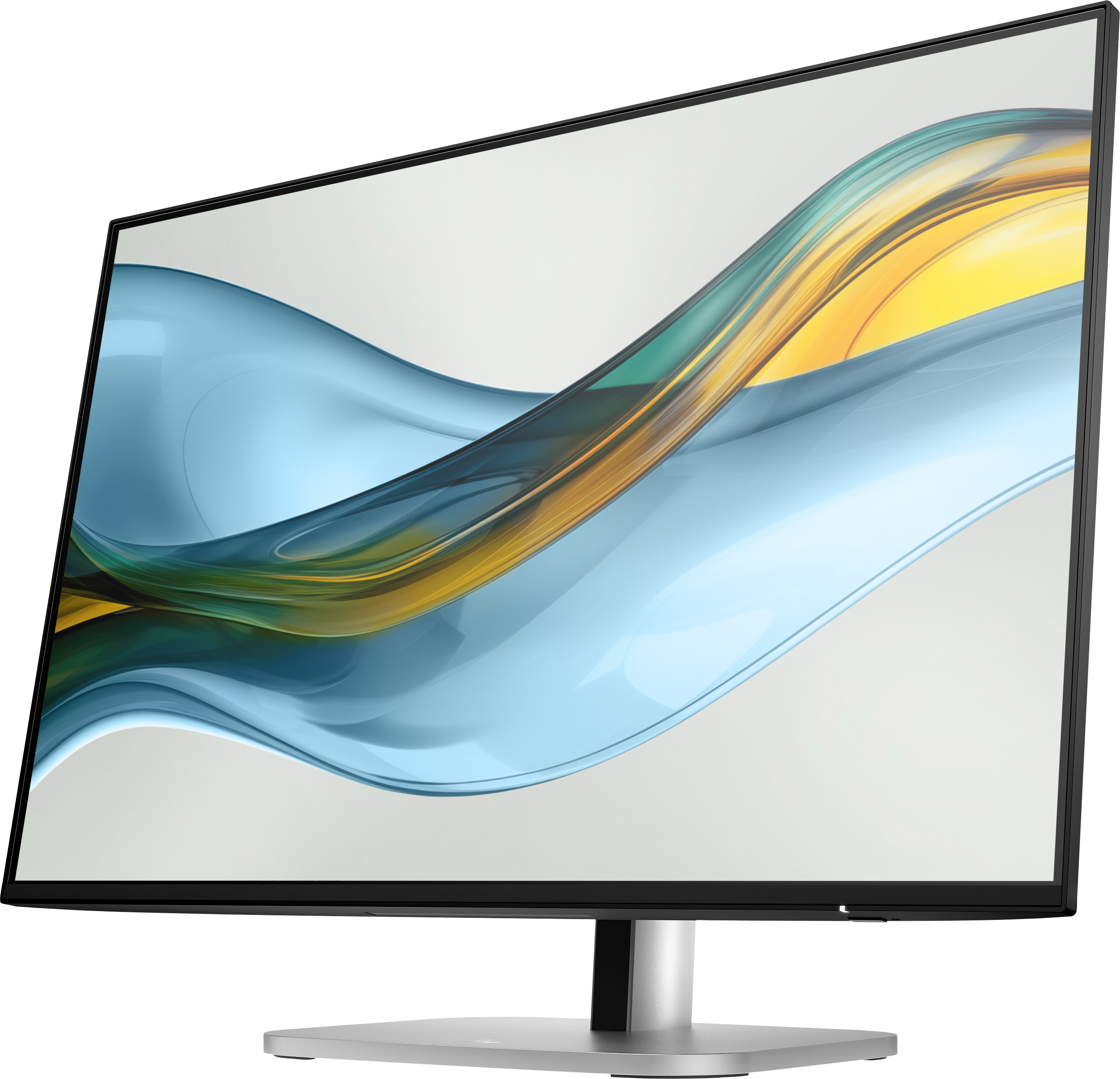 Ein moderner Monitor mit einem bunten, abstrakten Wellenmuster auf dem Bildschirm vor dunklem Hintergrund.