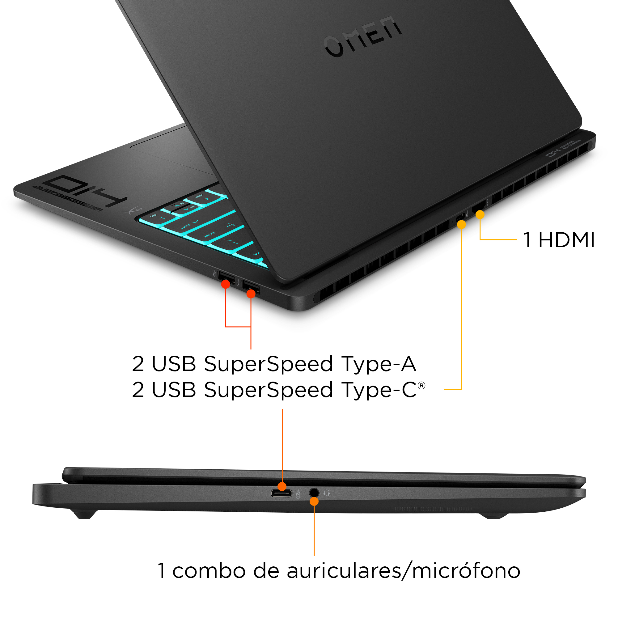 Portátil HP Omen resaltando puertos como USB Type-A y Type-C, HDMI y combo de audio.